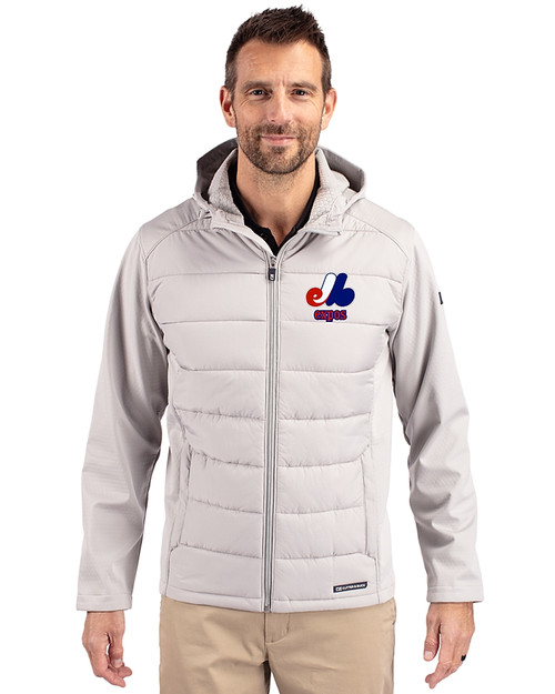 Montreal Expos Cooperstown Cutter & Buck Evoke Hybrid Softshell Recycled Full Zip Mens Hooded Jacket CONCRETE Front