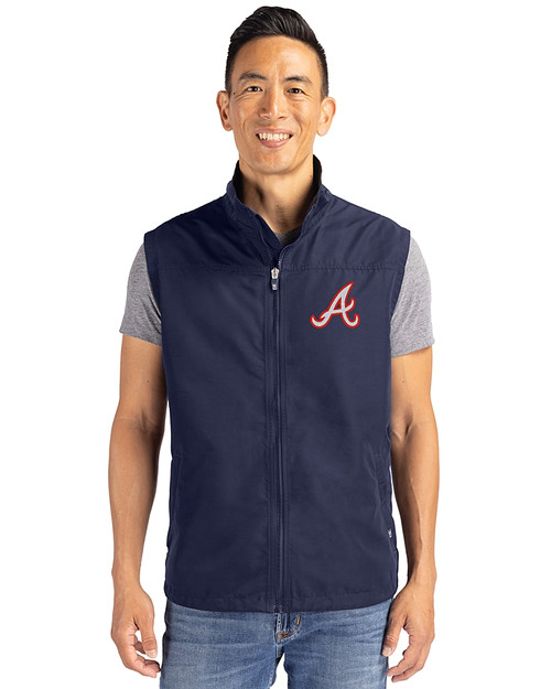 Atlanta Braves Cooperstown Cutter & Buck Charter Recycled Packable Mens Full Zip Vest Navy Blue Front