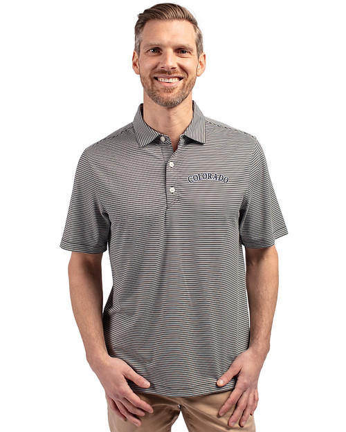 Colorado Rockies Cooperstown Cutter & Buck Forge Eco Double Stripe Stretch Recycled Mens Polo Black/White Front
