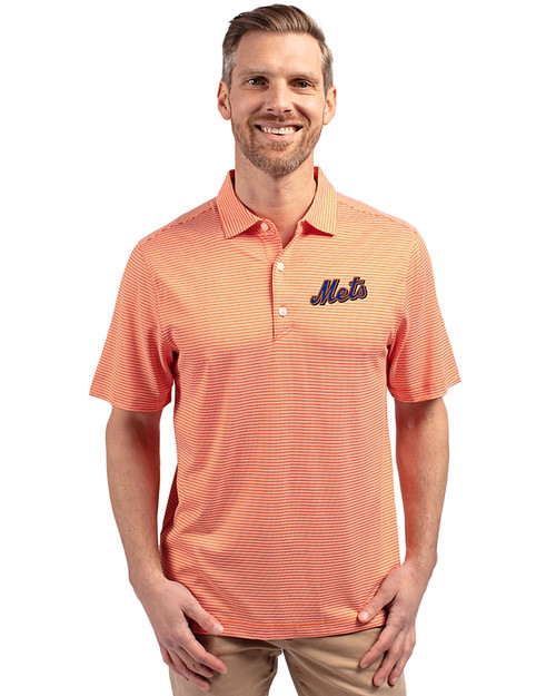 New York Mets Cooperstown Cutter & Buck Forge Eco Double Stripe Stretch Recycled Mens Polo College Orange/White Front