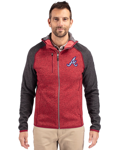 Atlanta Braves Cooperstown Cutter & Buck Mainsail Full Zip Hooded Mens Jacket Cardinal Red Heather/Charcoal Heather Front