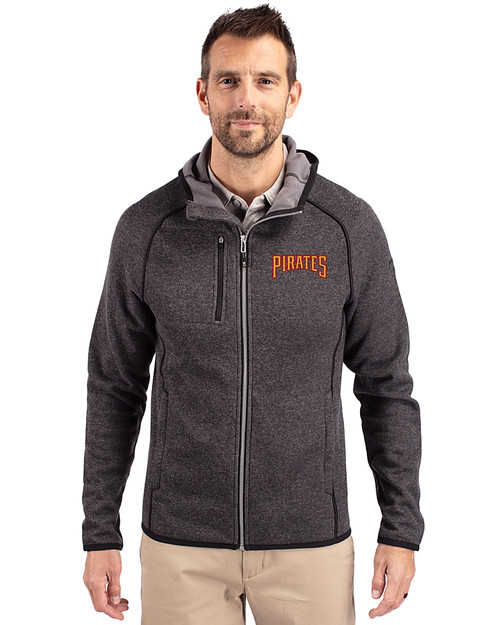 Pittsburgh Pirates Cooperstown Cutter & Buck Mainsail Full Zip Hooded Mens Jacket Charcoal Heather Front