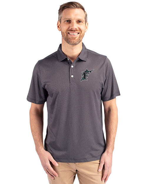 Miami Marlins Cooperstown Cutter & Buck Pike Eco Symmetry Print Stretch Recycled Mens Big & Tall Polo Black/White Front