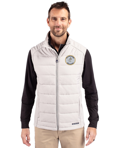Milwaukee Brewers Cooperstown Cutter & Buck Evoke Hybrid Softshell Recycled Mens Full Zip Vest CONCRETE Front