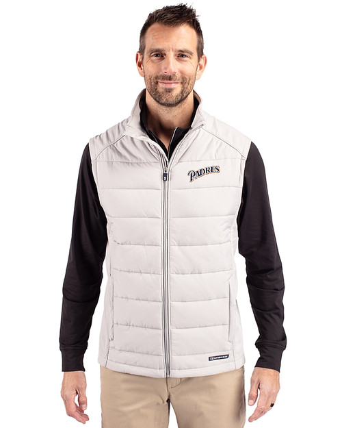 San Diego Padres Cooperstown Cutter & Buck Evoke Hybrid Softshell Recycled Mens Full Zip Vest CONCRETE Front
