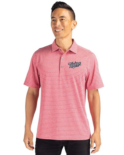 Minnesota Twins Cooperstown Cutter & Buck Forge Eco Heather Stripe Stretch Recycled Mens Big & Tall Polo Cardinal Red Heather Front