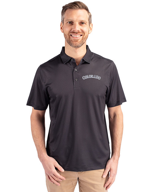 Colorado Rockies Cooperstown Cutter & Buck Pike Eco Tonal Geo Print Stretch Recycled Mens Big & Tall Polo Black Front