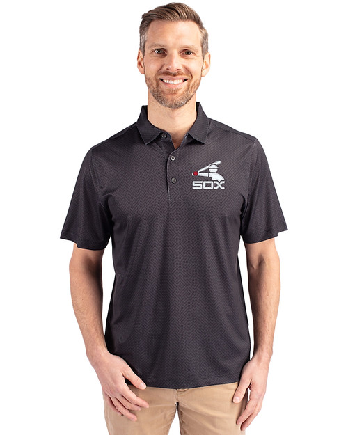 Chicago White Sox Cooperstown Cutter & Buck Pike Eco Tonal Geo Print Stretch Recycled Mens Big & Tall Polo Black Front