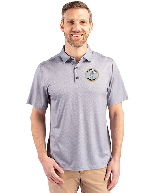 Milwaukee Brewers Cooperstown Cutter & Buck Pike Eco Tonal Geo Print Stretch Recycled Mens Big & Tall Polo Elemental Grey Front