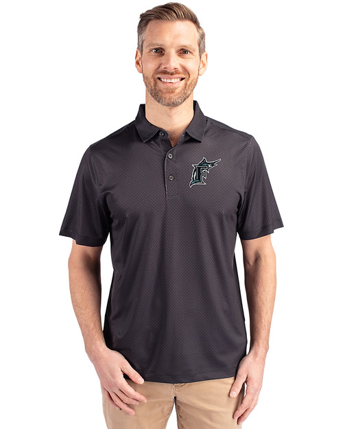 Miami Marlins Cooperstown Cutter & Buck Pike Eco Tonal Geo Print Stretch Recycled Mens Big & Tall Polo Black Front
