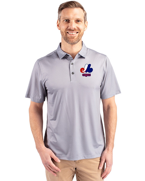Montreal Expos Cooperstown Cutter & Buck Pike Eco Tonal Geo Print Stretch Recycled Mens Big & Tall Polo Elemental Grey Front