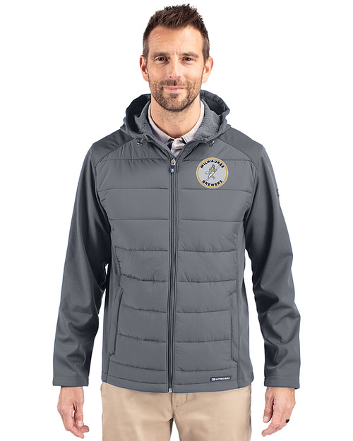 Milwaukee Brewers Cooperstown Cutter & Buck Evoke Recycled HoneycombFleece Mens Big & Tall Hybrid Full Zip Jacket Elemental Grey Front