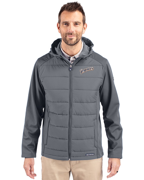 San Diego Padres Cooperstown Cutter & Buck Evoke Recycled HoneycombFleece Mens Big & Tall Hybrid Full Zip Jacket Elemental Grey Front