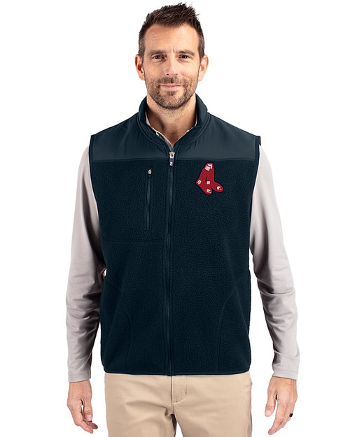 Boston Red Sox Cooperstown Cutter & Buck Cascade Eco Sherpa Mens Big and Tall Fleece Vest Navy Blue Front