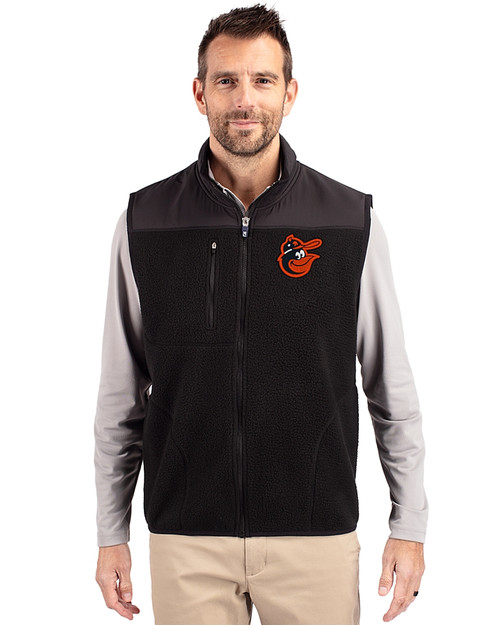 Baltimore Orioles Cooperstown Cutter & Buck Cascade Eco Sherpa Mens Big and Tall Fleece Vest Black Front