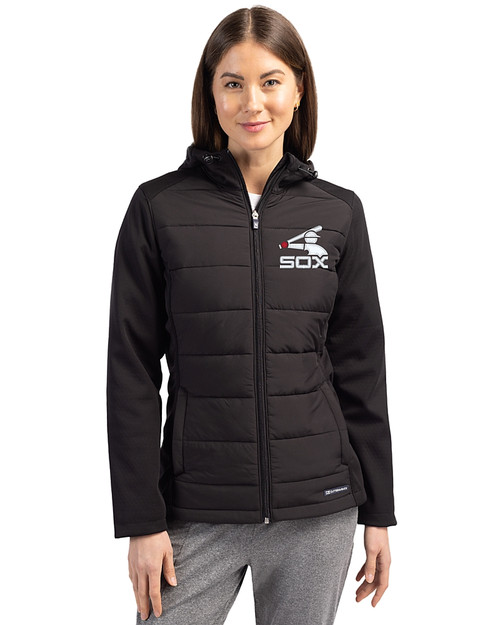 Chicago White Sox Cooperstown Cutter & Buck Evoke Hybrid Softshell Recycled Full Zip Womens Hooded Jacket Black Front