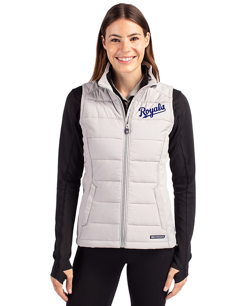 Kansas City Royals Cooperstown Cutter & Buck Evoke Hybrid Softshell Recycled Womens Full Zip Vest CONCRETE Front