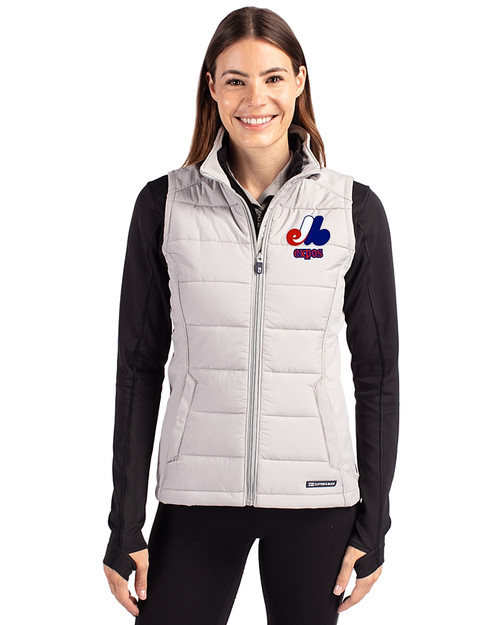 Montreal Expos Cooperstown Cutter & Buck Evoke Hybrid Softshell Recycled Womens Full Zip Vest CONCRETE Front