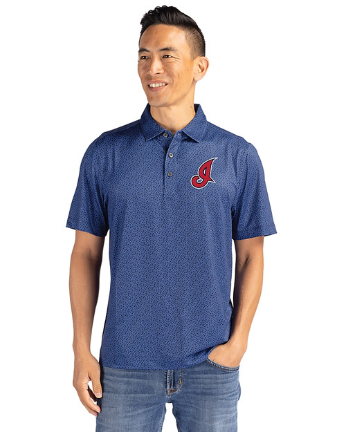 Cleveland Indians Cooperstown Cutter & Buck Pike Eco Pebble Print Stretch Recycled Mens Polo Navy Blue Front