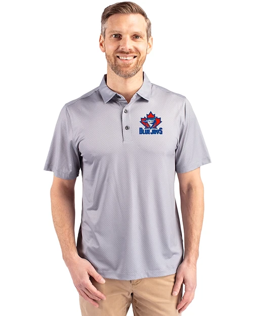Toronto Blue Jays Cooperstown Cutter & Buck Pike Eco Tonal Geo Print Stretch Recycled Mens Polo Elemental Grey Front