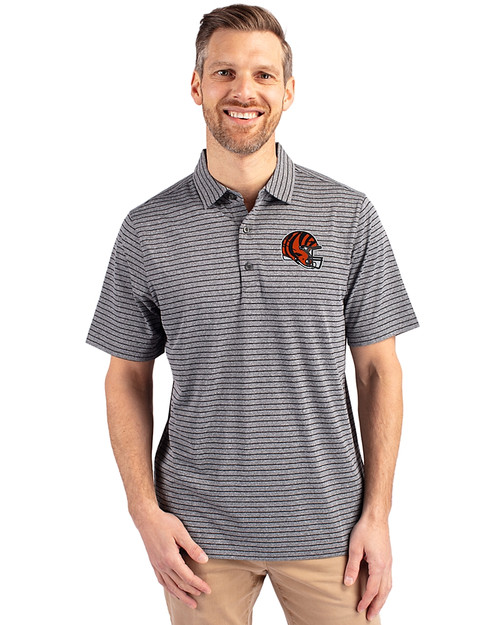 Cincinnati Bengals NFL Helmet Cutter & Buck Forge Eco Heather Stripe Stretch Recycled Mens Big & Tall Polo Black Heather Front