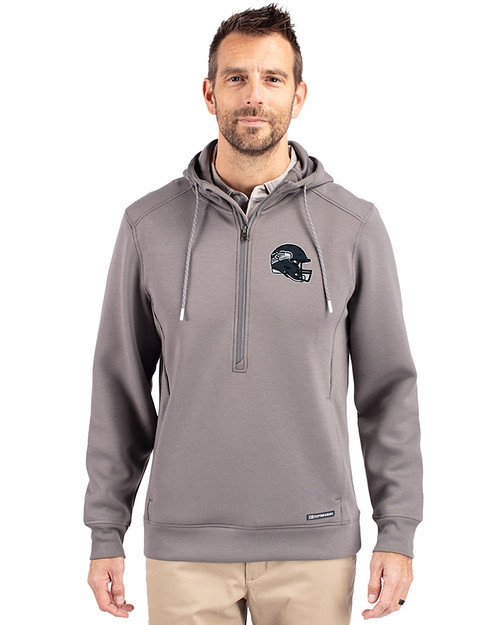 Seattle Seahawks NFL Helmet Cutter & Buck Roam Epic Versatility Half Zip Recycled Mens Hooded Pullover Elemental Grey Front