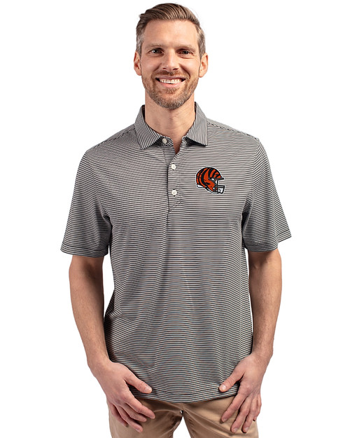 Cincinnati Bengals NFL Helmet Cutter & Buck Forge Eco Double Stripe Stretch Recycled Mens Big &Tall Polo Black/White Front