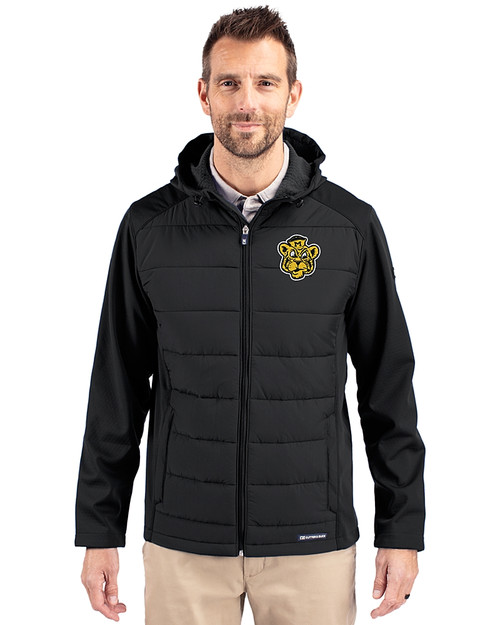 Missouri Tigers College Vault Cutter & Buck Evoke Hybrid Eco Softshell Recycled Full Zip Mens Big & Tall Hooded Jacket Black Front