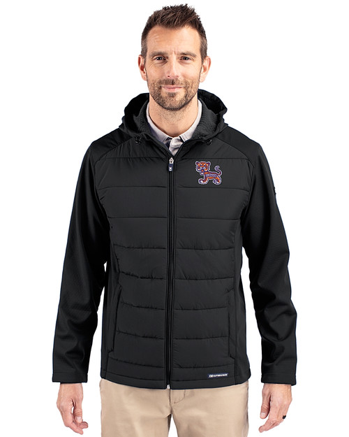 Clemson Tigers College Vault Cutter & Buck Evoke Hybrid Eco Softshell Recycled Full Zip Mens Big & Tall Hooded Jacket Black Front
