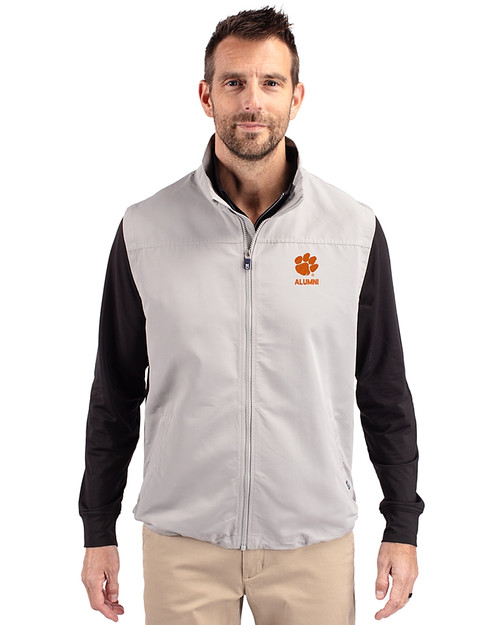 Clemson Tigers Alumni Cutter & Buck Charter Eco Full-Zip Mens Big & Tall Vest Polished Medium Gray Front