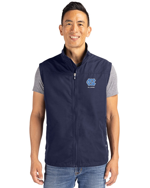North Carolina Tar Heels Alumni Cutter & Buck Charter Eco Full-Zip Mens Big & Tall Vest Navy Blue Front