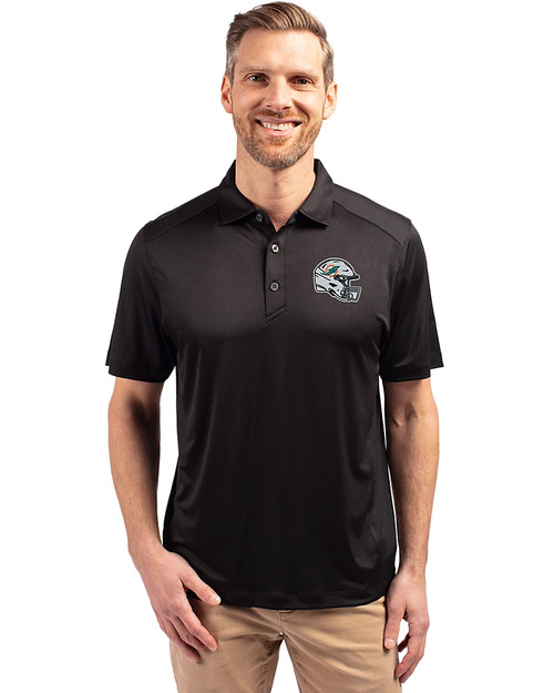 Miami Dolphins NFL Helmet Cutter & Buck Forge Eco Stretch Recycled Mens Polo Black Front