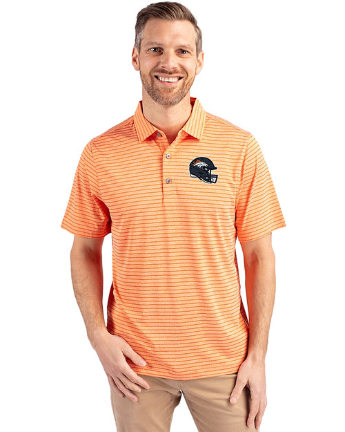Denver Broncos NFL Helmet Cutter & Buck Forge Eco Heather Stripe Stretch Recycled Mens Polo College Orange Heather Front