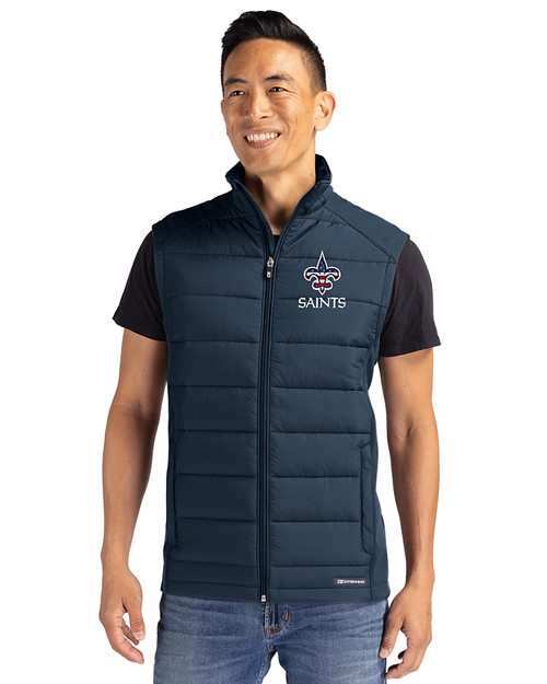 New Orleans Saints Americana Cutter & Buck Evoke Hybrid Softshell Recycled Mens Full Zip Vest Navy Blue Front
