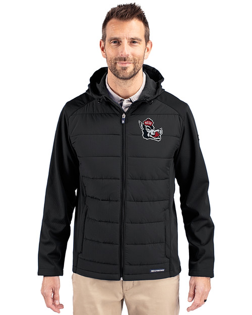 NC State Wolfpack College Vault Cutter & Buck Evoke Hybrid Softshell Recycled Full Zip Mens Hooded Jacket Black Front