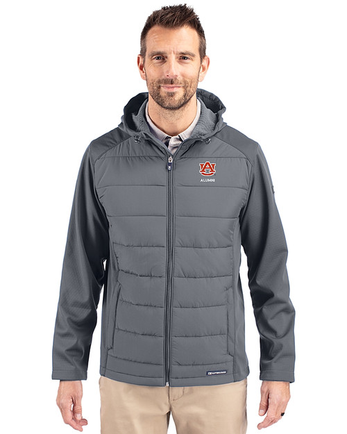 Auburn Tigers Alumni Cutter & Buck Evoke Hybrid Softshell Recycled Full Zip Mens Hooded Jacket Elemental Grey Front