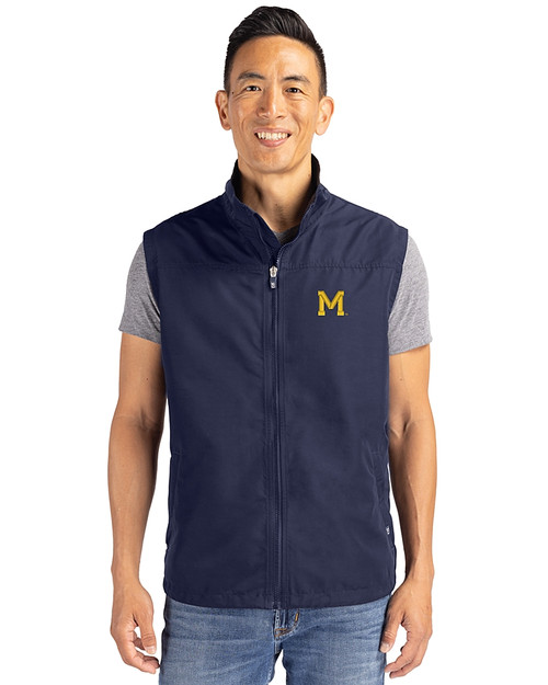 Michigan Wolverines College Vault Cutter & Buck Charter Eco Recycled Mens Full-Zip Vest Navy Blue Front