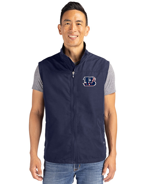 Cincinnati Bengals Americana Cutter & Buck Charter Eco Recycled Mens Full-Zip Vest Navy Blue Front