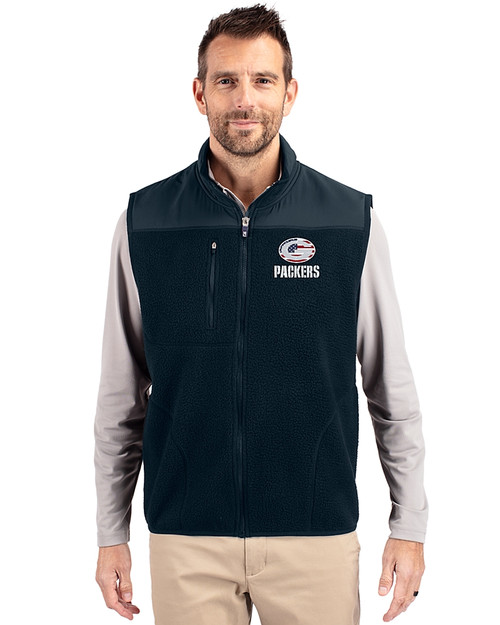 Green Bay Packers Americana Cutter & Buck Cascade Eco Fleece Mens Vest Navy Blue Front