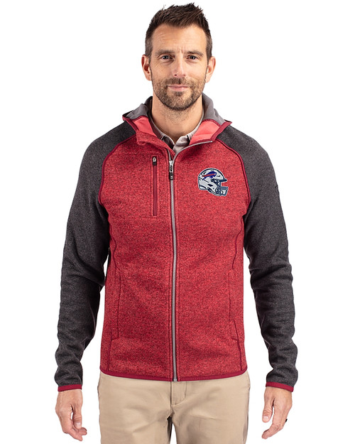 Buffalo Bills NFL Helmet Cutter & Buck Mainsail Full Zip Hooded Mens Jacket Cardinal Red Heather/Charcoal Heather Front