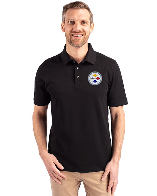 Pittsburgh Steelers Cutter & Buck Advantage Eco Tri-Blend Pique Mens Big and Tall Polo Black Front