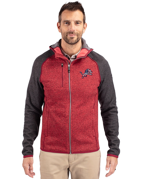 Detroit Lions Americana Cutter & Buck Mainsail Full Zip Hooded Mens Jacket Cardinal Red Heather/Charcoal Heather Front