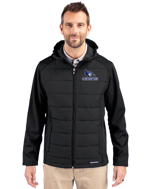 Creighton Bluejays Cutter & Buck Evoke Hybrid Eco Softshell Recycled Full Zip Mens Big & Tall Hooded Jacket Black Front