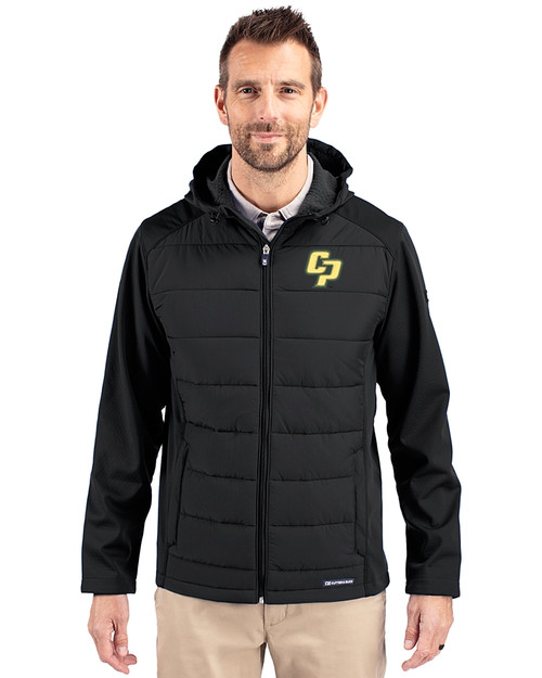 Cal Poly Mustangs Cutter & Buck Evoke Hybrid Eco Softshell Recycled Full Zip Mens Big & Tall Hooded Jacket Black Front