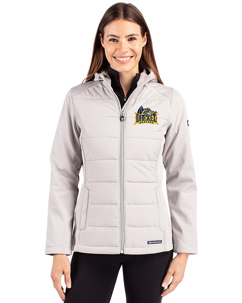 Drexel Dragons Cutter & Buck Evoke Hybrid Softshell Recycled Full Zip Womens Hooded Jacket CONCRETE Front