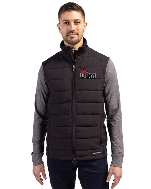 Central Missouri Mules Cutter & Buck Evoke Hybrid Softshell Recycled Mens Full Zip Vest Black Front