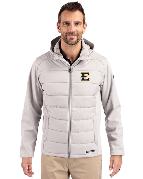 ETSU Buccaneers Cutter & Buck Evoke Recycled Honeycomb Fleece Mens Hybrid Full Zip Jacket CONCRETE Front