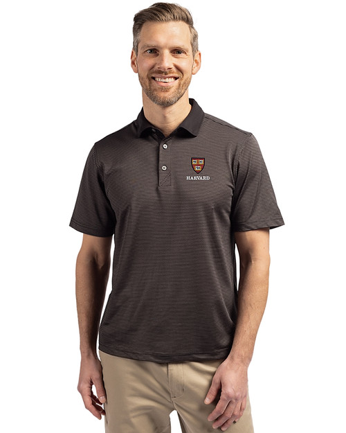 Harvard Crimson Cutter & Buck Virtue Eco Pique Micro Stripe Recycled Mens Big & Tall Polo Black/Elemental Grey Front