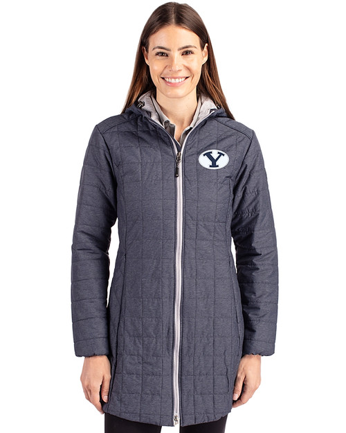 Brigham Young Cougars Cutter & Buck Rainier PrimaLoft®  Womens Eco Insulated Hooded Long Coat Anthracite Melange Front