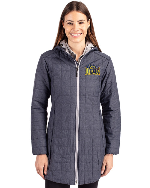 Drexel Dragons Cutter & Buck Rainier PrimaLoft®  Womens Eco Insulated Hooded Long Coat Anthracite Melange Front